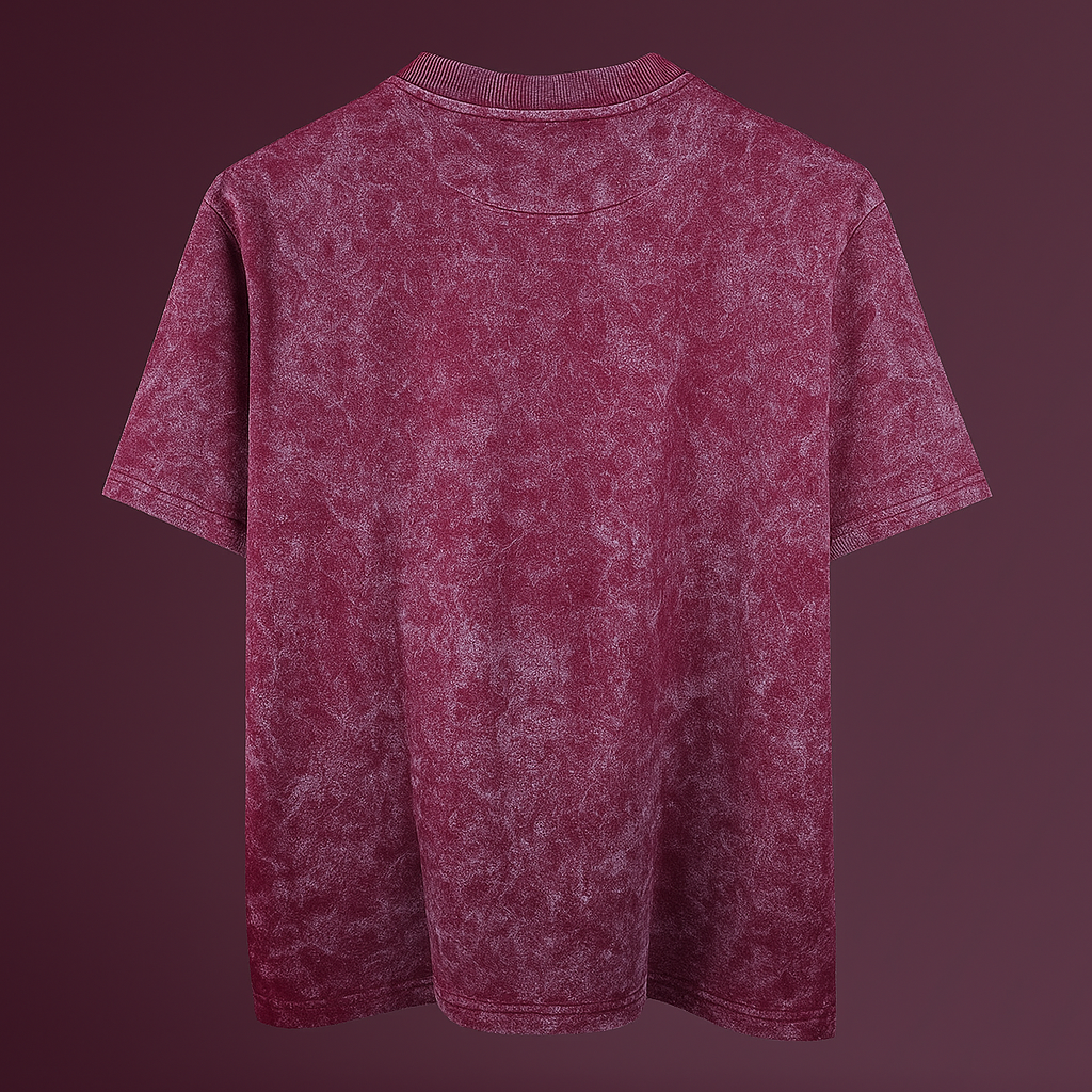 Back view of oversized acid wash t-shirt in maroon, made from premium French terry cotton.