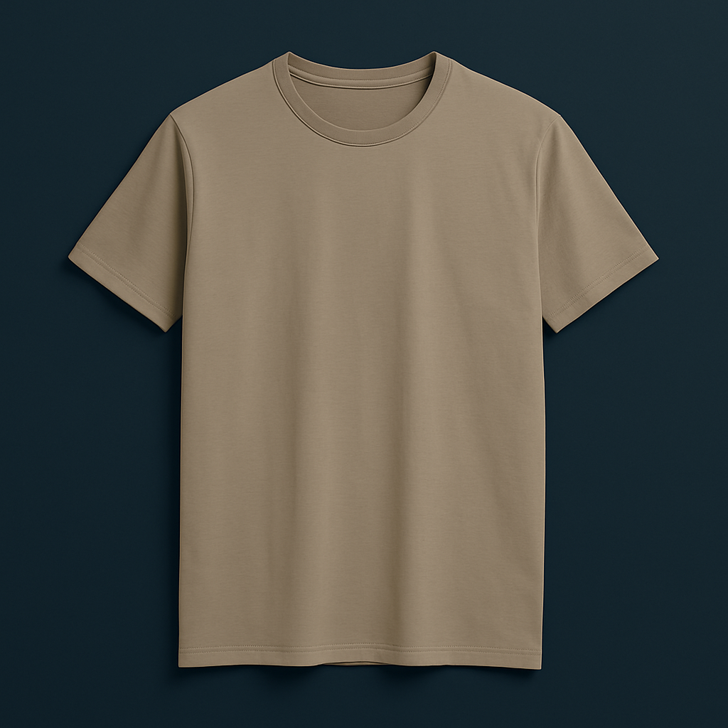 Plain drop shoulder t-shirt in a neutral brown color on a dark background, made from premium Cotton Lycra.