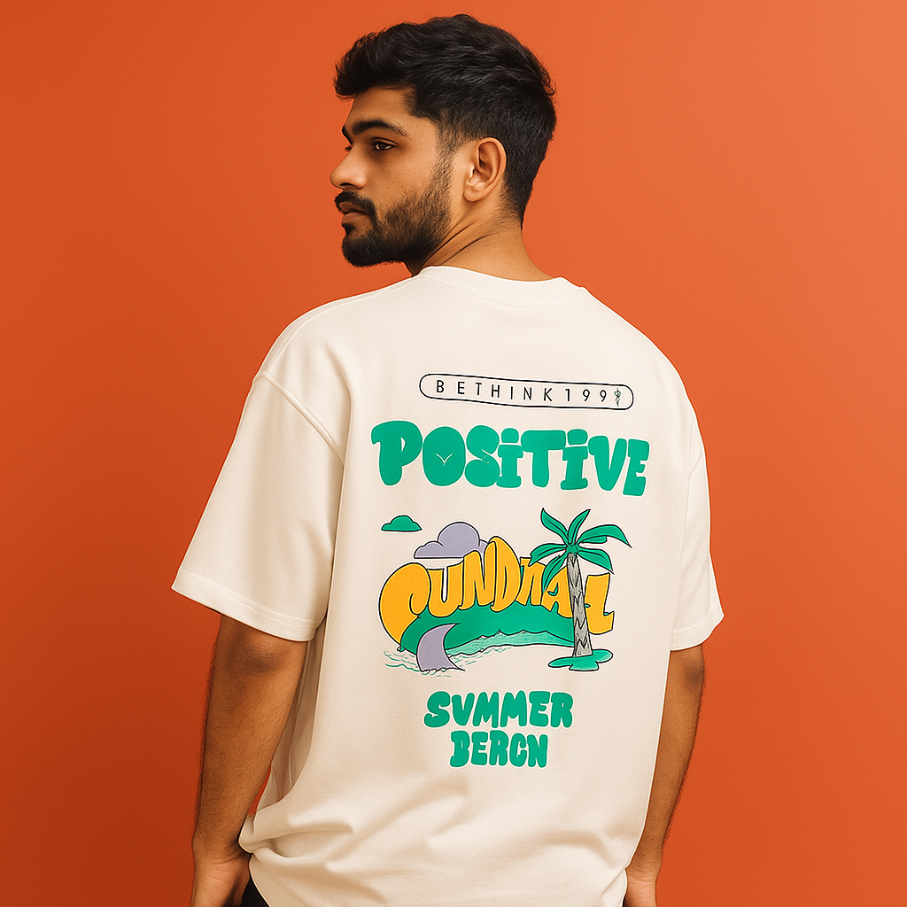 Man wearing a white drop shoulder t-shirt with vibrant beach-themed graphics and positive vibes text.