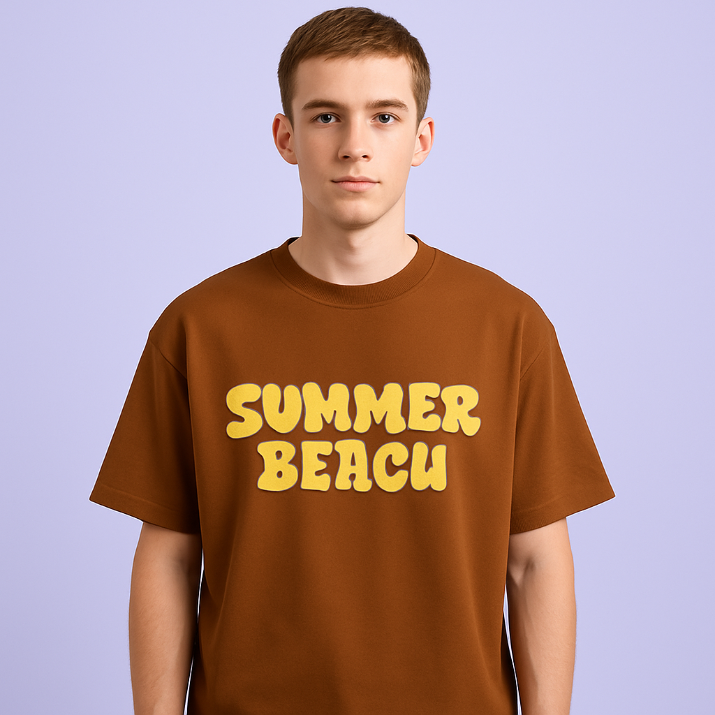 Unisex bronze drop shoulder t-shirt featuring bold 'Summer Beach' graphic, perfect for summer events.