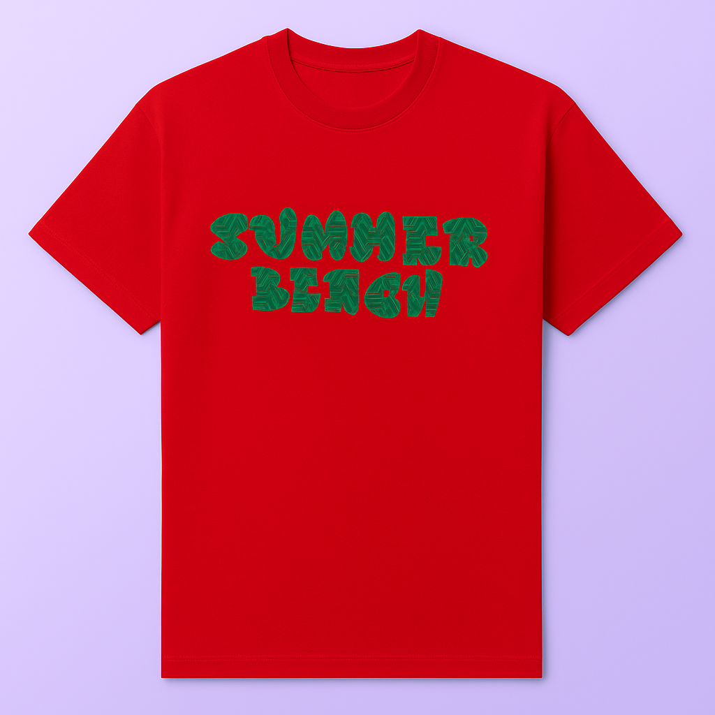 Red drop shoulder t-shirt featuring a green 'SUMMER BEACH' print, perfect for tropical vibes.