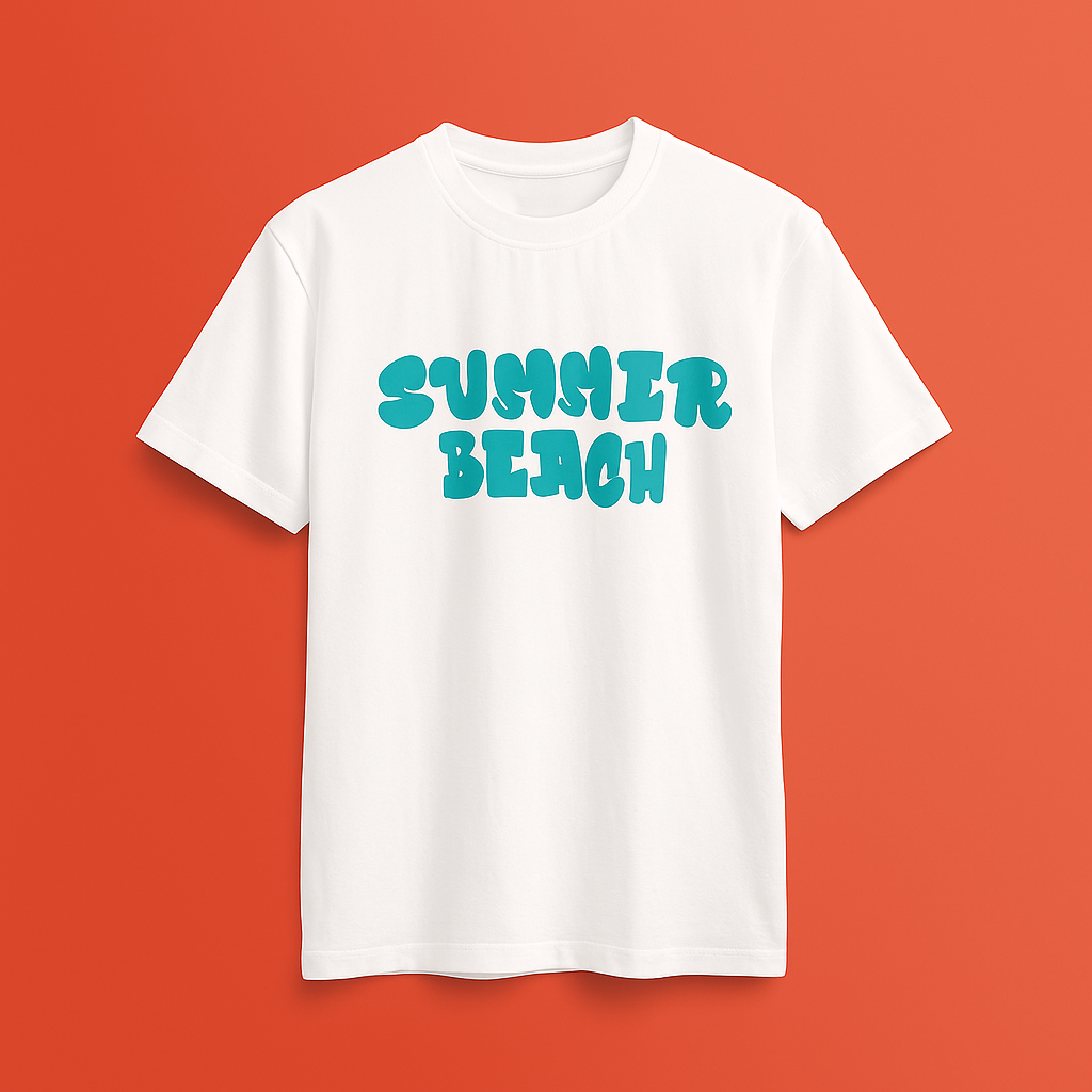White drop shoulder t-shirt with 'Summer Beach' graphic print on orange background.