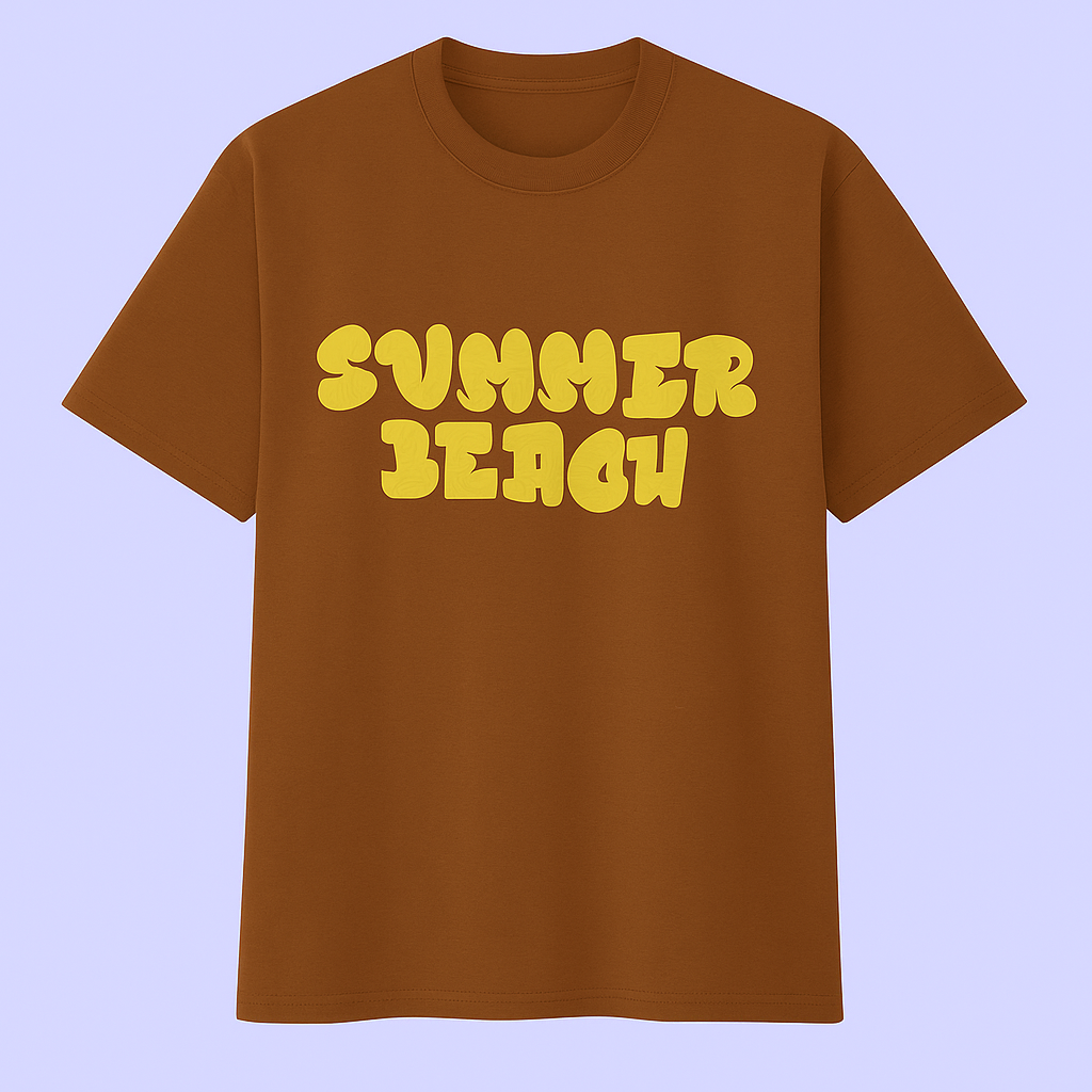 Bronze unisex drop shoulder t-shirt with yellow 'Summer Beach' graphic print.