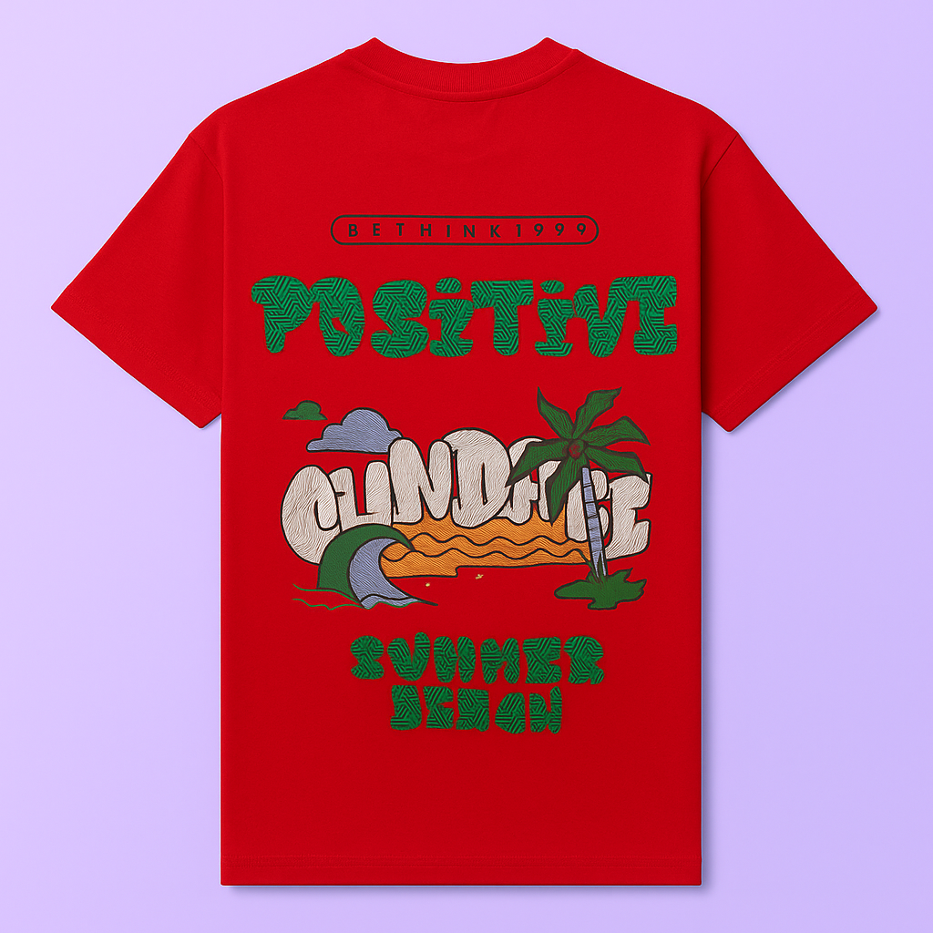Red drop shoulder t-shirt featuring a colorful summer beach print with the words 'Positive Vibes' and 'Summer Beach'.