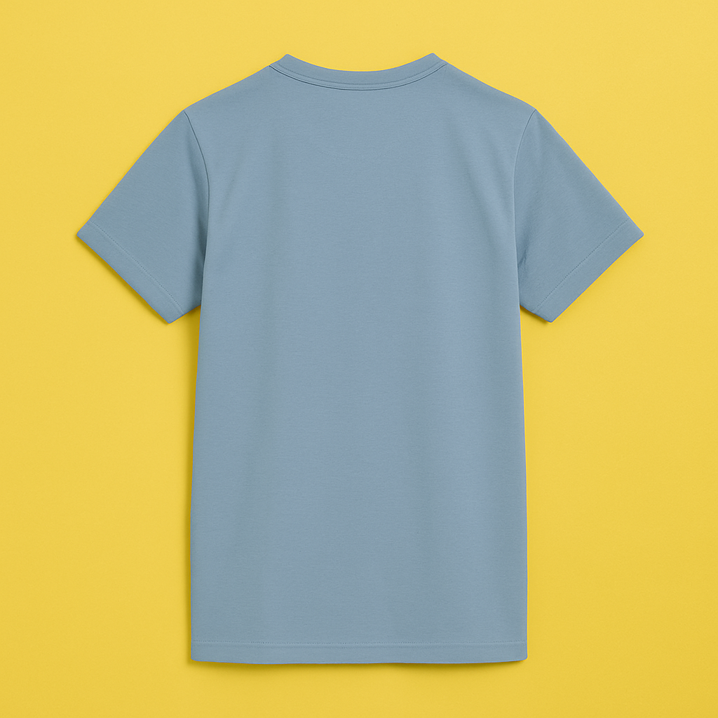 Back view of a cotton spandex unisex t-shirt in misty turquoise against a yellow background.