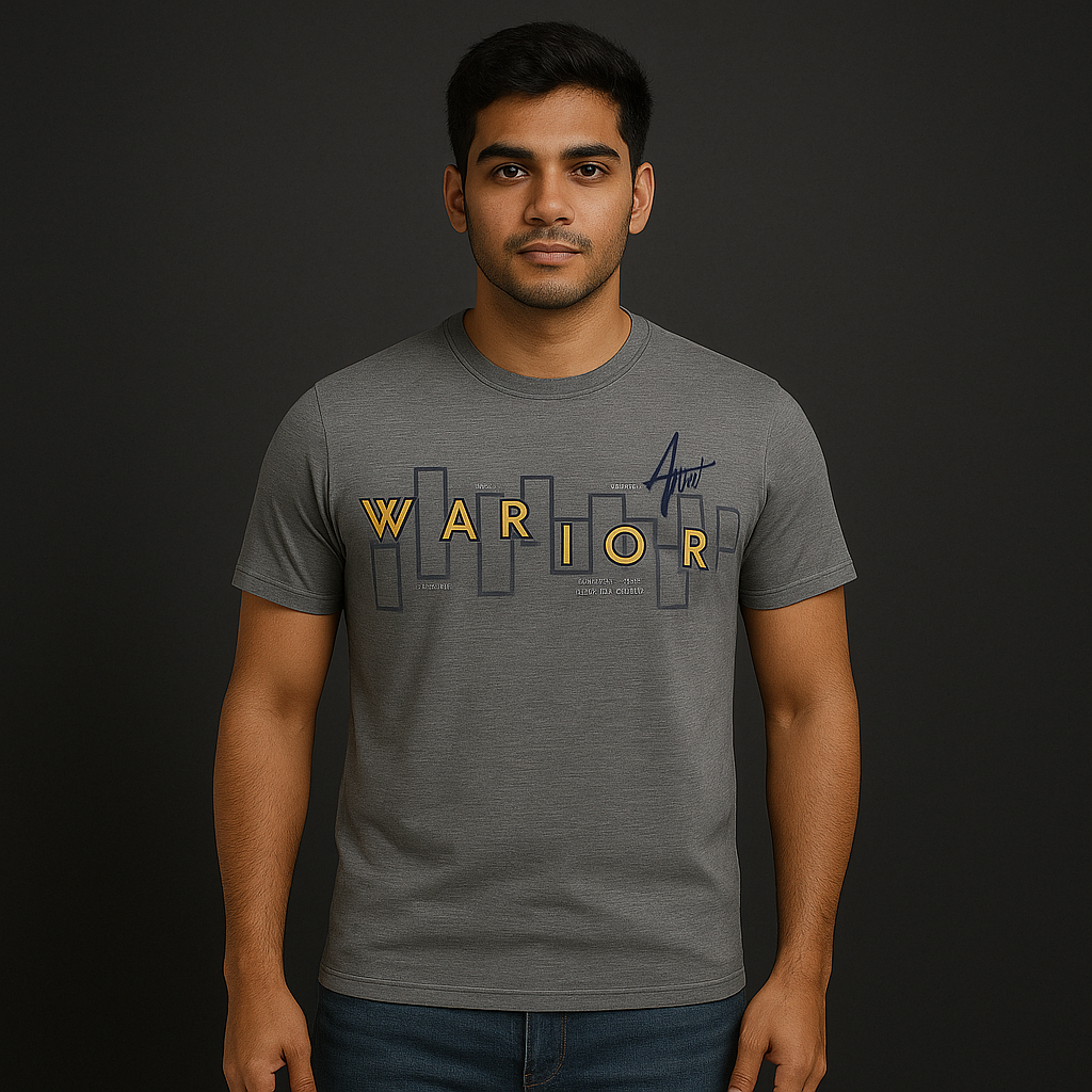 Man wearing a grey Premium Half Sleeve Tshirt with 'WARRIOR' text, showcasing style and comfort.