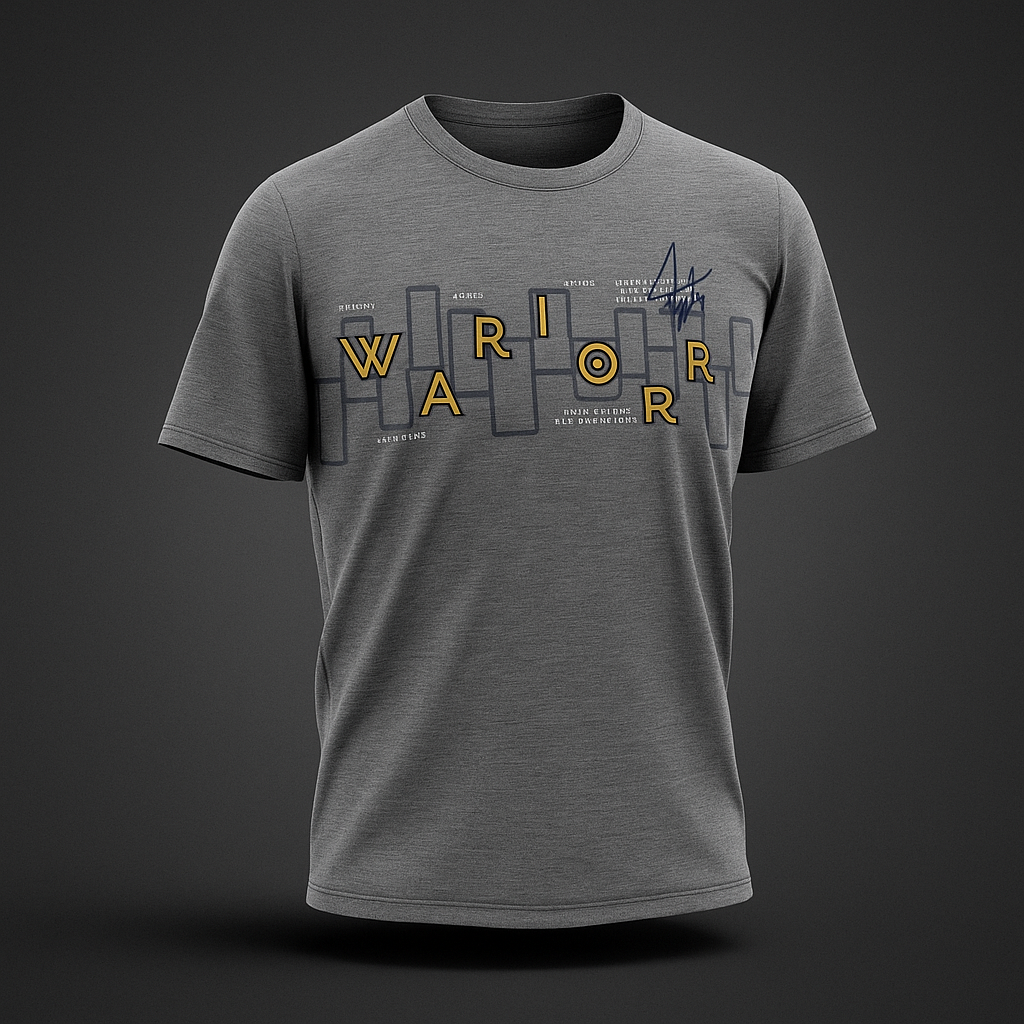 Premium grey half sleeve t-shirt featuring 'WARRIOR' graphic design in daffodil yellow, perfect for casual wear.