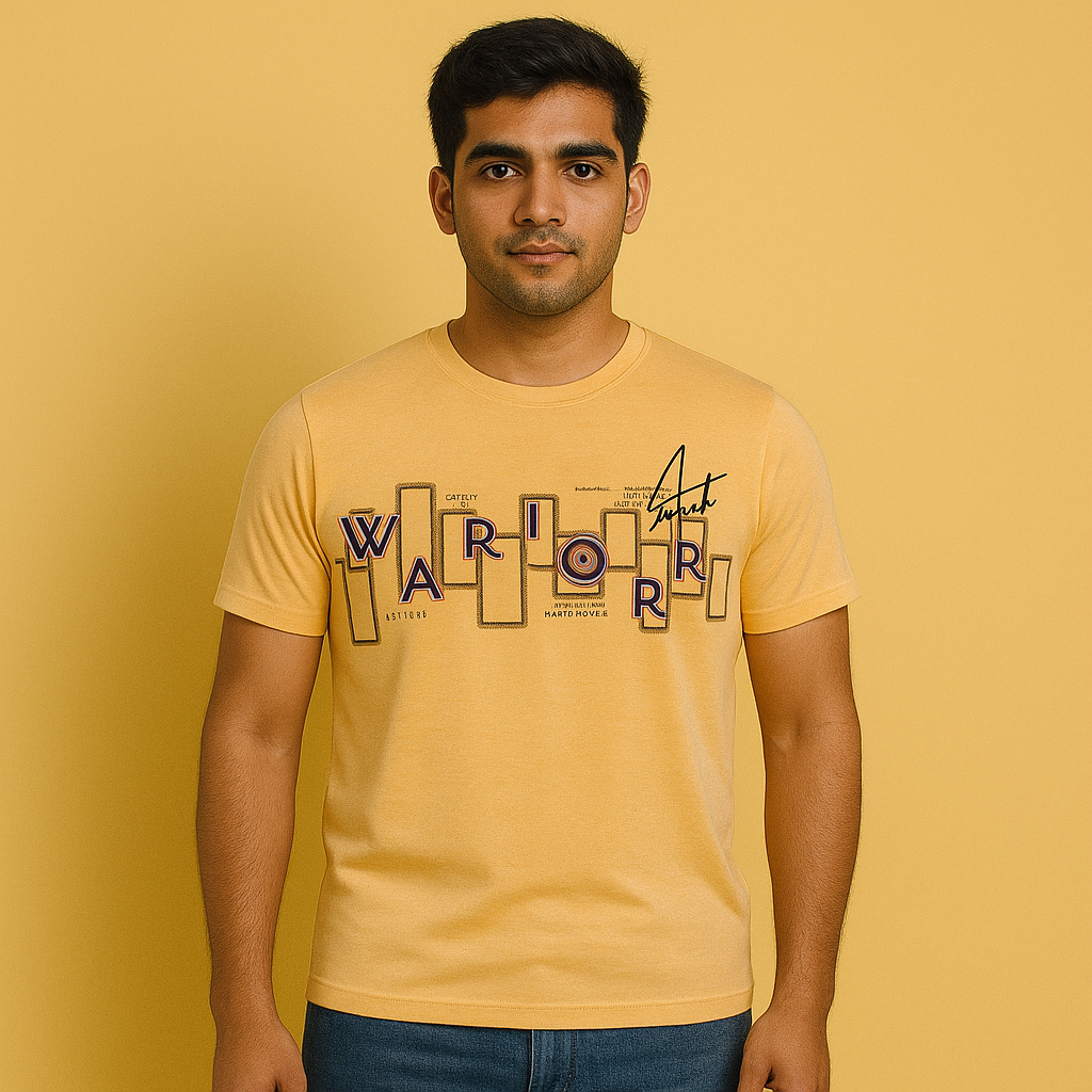Model wearing a Daffodil Yellow Premium Half Sleeve T-shirt with 'WARRIOR' graphic design.
