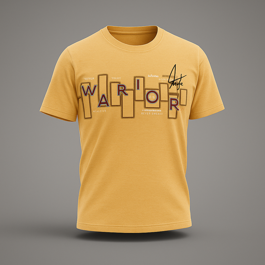 Premium daffodil yellow half sleeve t-shirt with 'WARRIOR' graphic design, perfect for casual wear.