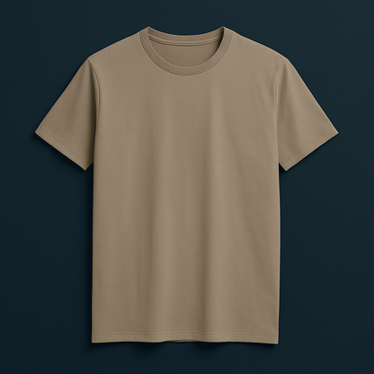 Plain drop shoulder t-shirt in a neutral brown color on a dark background, made from premium Cotton Lycra.