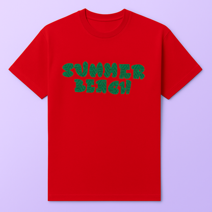 Red drop shoulder t-shirt featuring a green 'SUMMER BEACH' print, perfect for tropical vibes.