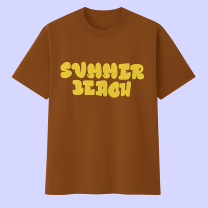 Bronze unisex drop shoulder t-shirt with yellow 'Summer Beach' graphic print.