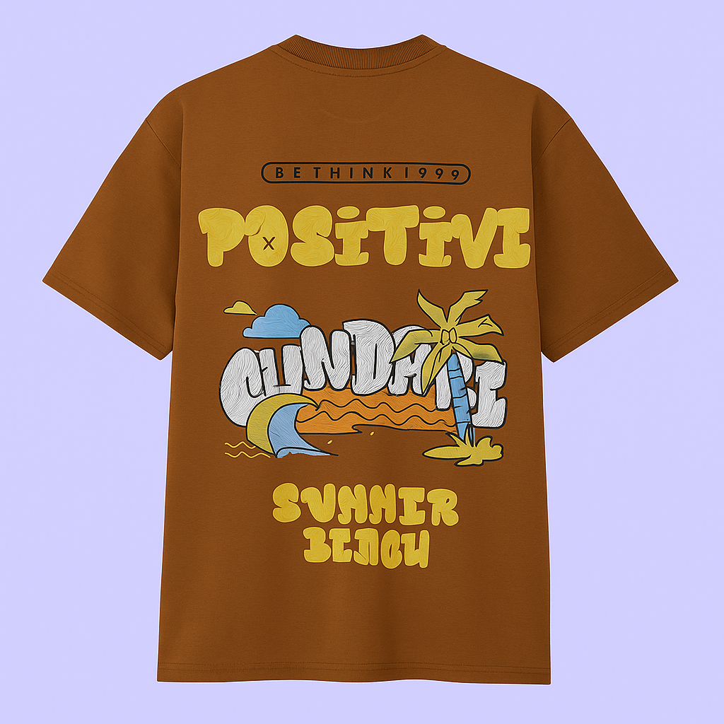 Bronze unisex drop shoulder t-shirt featuring bold 'Positive Mindset' summer graphic design.