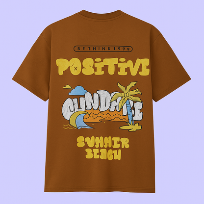 Bronze unisex drop shoulder t-shirt featuring bold 'Positive Mindset' summer graphic design.