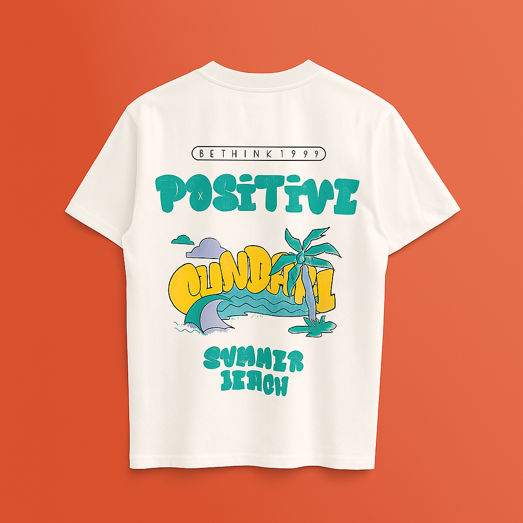 Back view of white drop shoulder t-shirt with 'Positive Vibes' graphic print, featuring summer beach design.