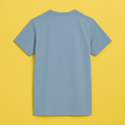 Back view of a cotton spandex unisex t-shirt in misty turquoise against a yellow background.