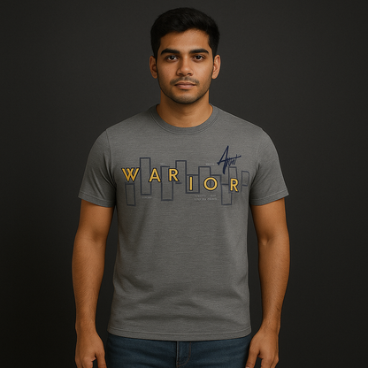 Man wearing a grey Premium Half Sleeve Tshirt with 'WARRIOR' text, showcasing style and comfort.