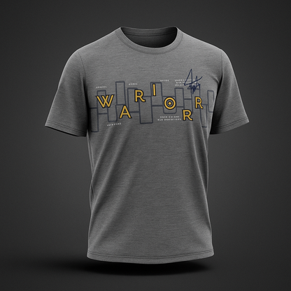 Premium grey half sleeve t-shirt featuring 'WARRIOR' graphic design in daffodil yellow, perfect for casual wear.