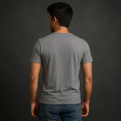 Back view of a man wearing a lightweight grey premium half sleeve t-shirt, showcasing its modern fit and durable design.